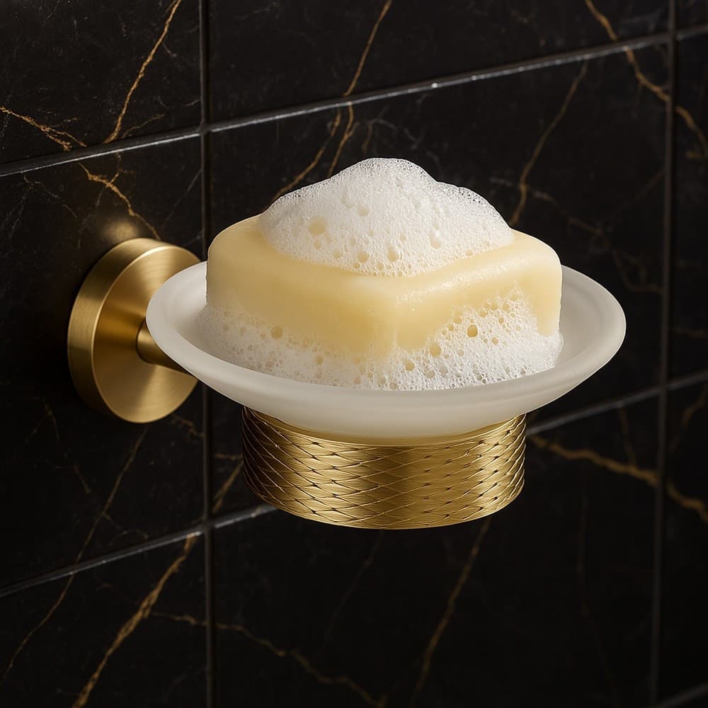 PORTA SAPONE IN ACCIAIO ORO CON PIATTINO VETRO SATINATO ACCESSORIO DA BAGNO 87927 - 5