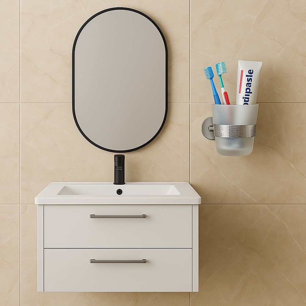 PORTA SPAZZOLINI DA DENTI IN ACCIAIO LUCIDO CON BICCHIERE VETRO SATINATO BAGNO 87917 - 5