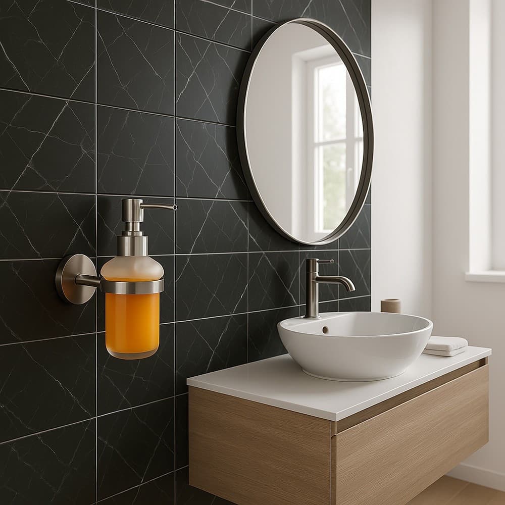 DISPENSER PORTA SAPONE PER SAPONE LIQUIDO IN ACCIAIO SATINATO VETRO ACCESSORIO BAGNO 87907 - 5