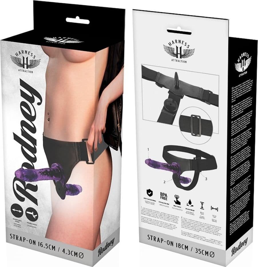 Dildo doppio vibrante viola Strap-on HARNESS ATTRACTION RODNEY 18cm - 6
