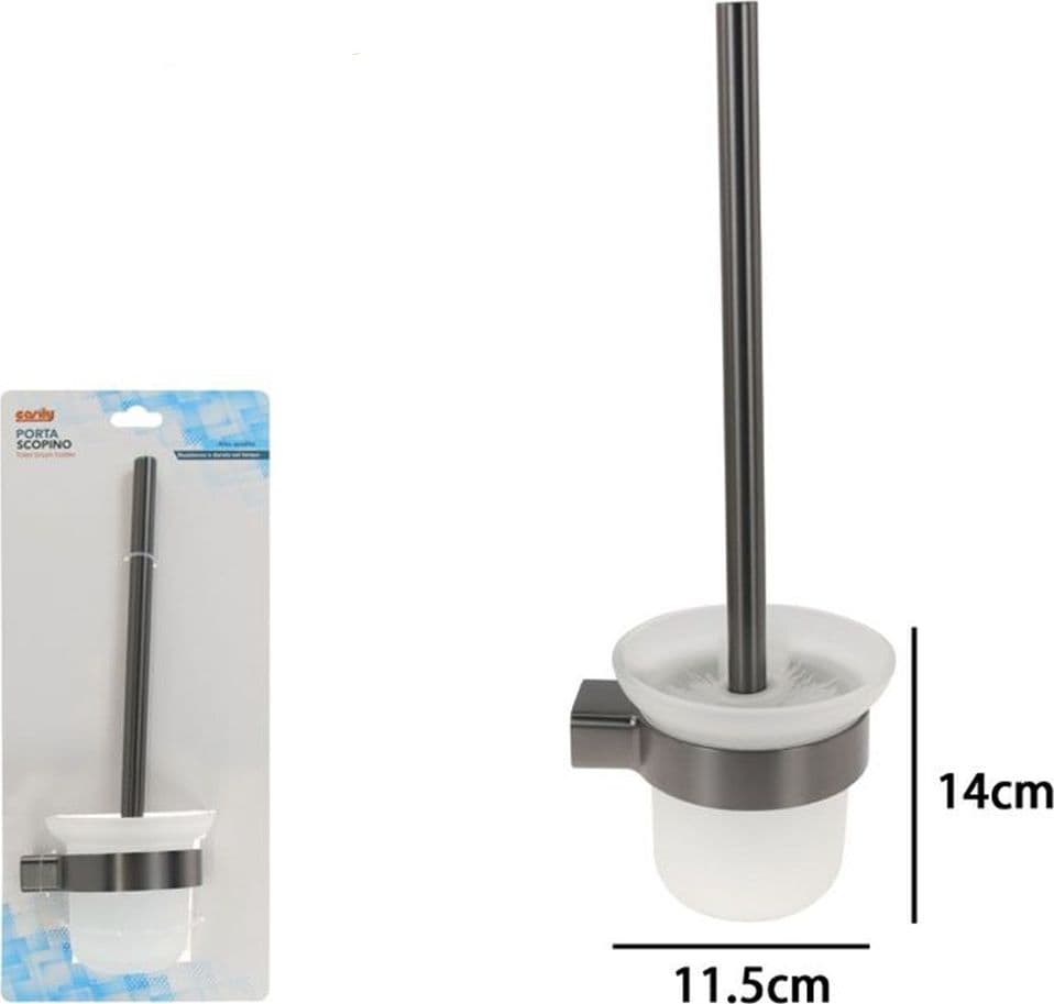 PORTA SCOPINO CON BICCHIERE VETRO SATINATO A PARETE STILIZZATO ACCIAIO GRIGIO BAGNO 87945 - 2