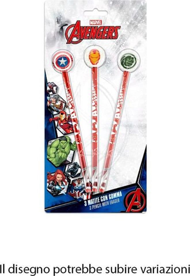 SET 3 PZ MATITE CON GOMMA TEMA AVENGERS ACCESSORI PER DISEGNO SCUOLA BAMBINI 955463 - 2