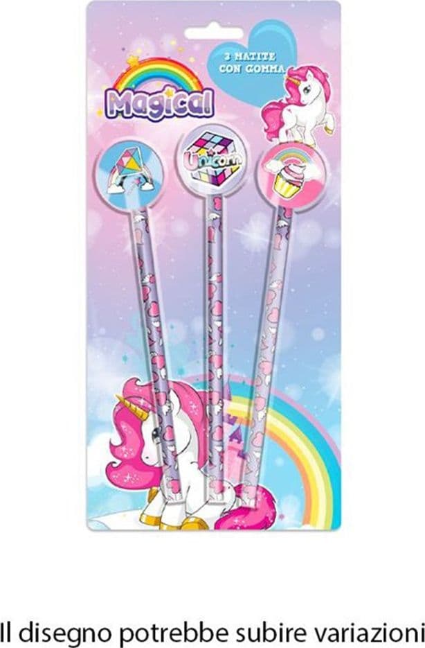 SET 3PZ MATITE CON GOMMA TEMA MAGICO UNICORNO ACCESSORI DISEGNO SCUOLA BAMBINE 735706 - 2