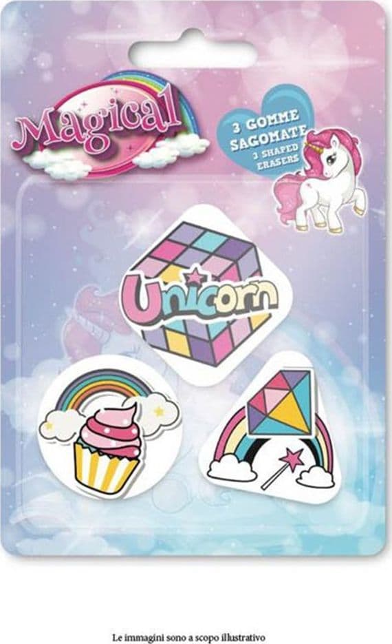 KIT GOMME PER CANCELLARE 3PZ SAGOMATE TEMA MAGICO UNICORNO CANCELLERIA BAMBINE SCUOLA 735768 - 2