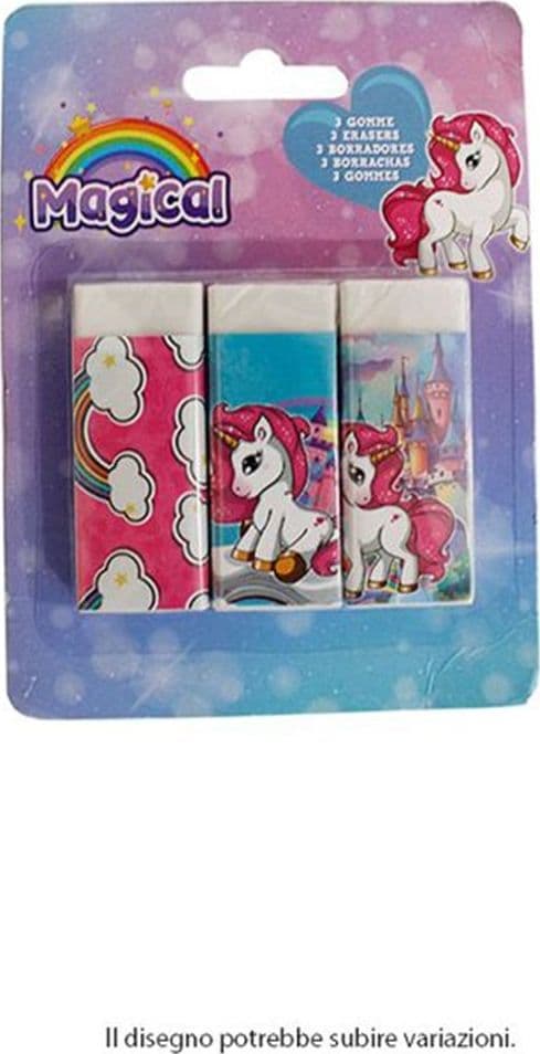 SET 3 PZ GOMME PER CANCELLARE MAGICO UNICORNO PER SCUOLA REGALO FESTA BAMBINE 737984 - 2