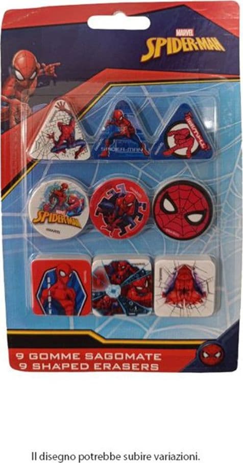 KIT GOMME PER CANCELLARE 9PZ SAGOMATE TEMA SPIDERMAN CANCELLERIA PER BAMBINI SCUOLA 955326 - 2