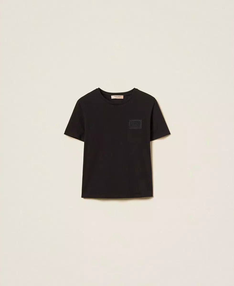 T-shirt donna Twinset regular fit in jersey di cotone con ricamo trasparente e logo lettering fronte