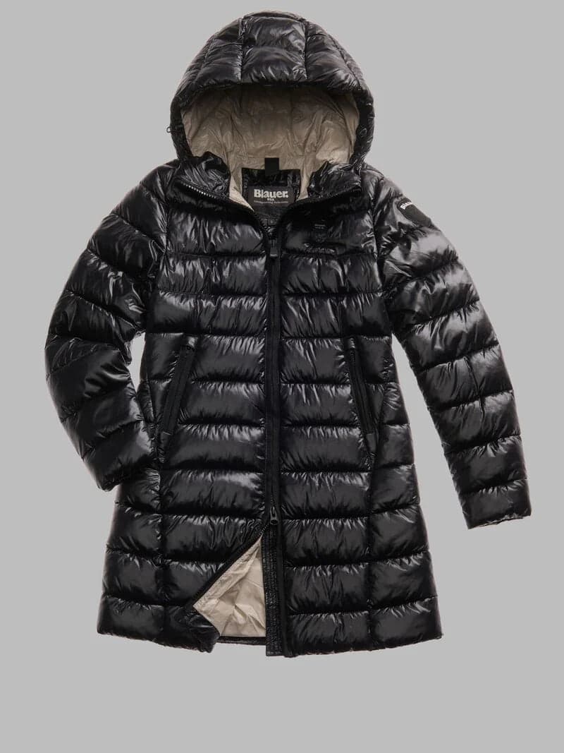 Blauer giubbino donna Adelaide lungo in nylon micro rip nero con cappuccio fisso e imbottitura ecologica Sorona® Aura fronte