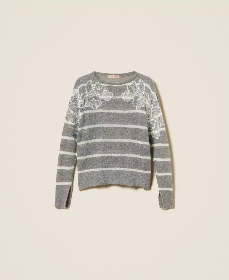 Twinset maglia donna in misto mohair righe grigio melange bianco neve con pizzo e spacco fronte