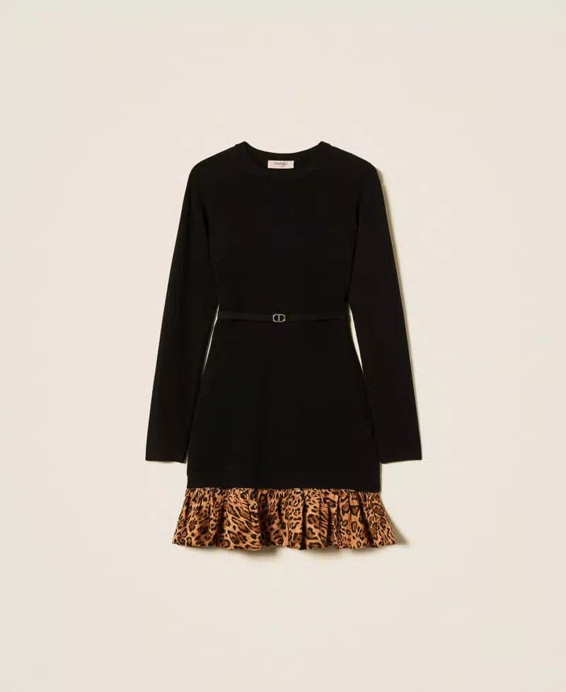 Twinset abito corto donna in maglia con inserto animalier nero marrone e cintura Oval T fronte