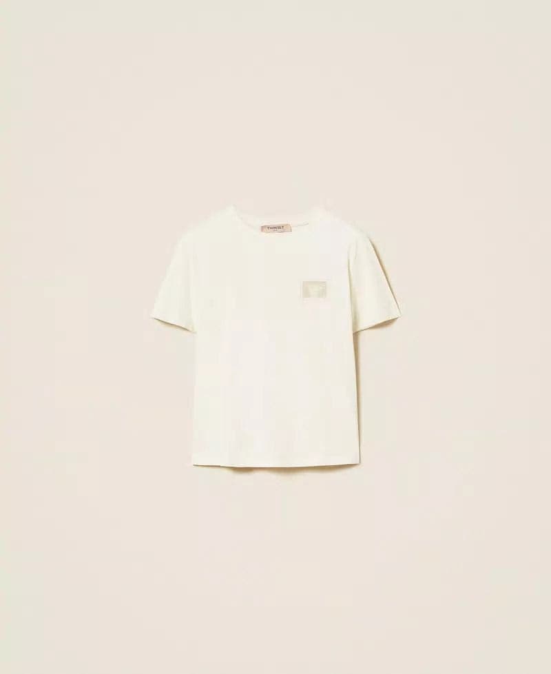 T-shirt donna Twinset regular fit in cotone con ricamo trasparente e logo lettering vista frontale