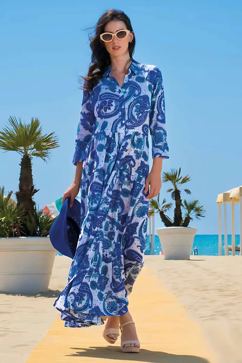 AYFEE | Abito lungo manica 3/4 blue cashemere print - 3