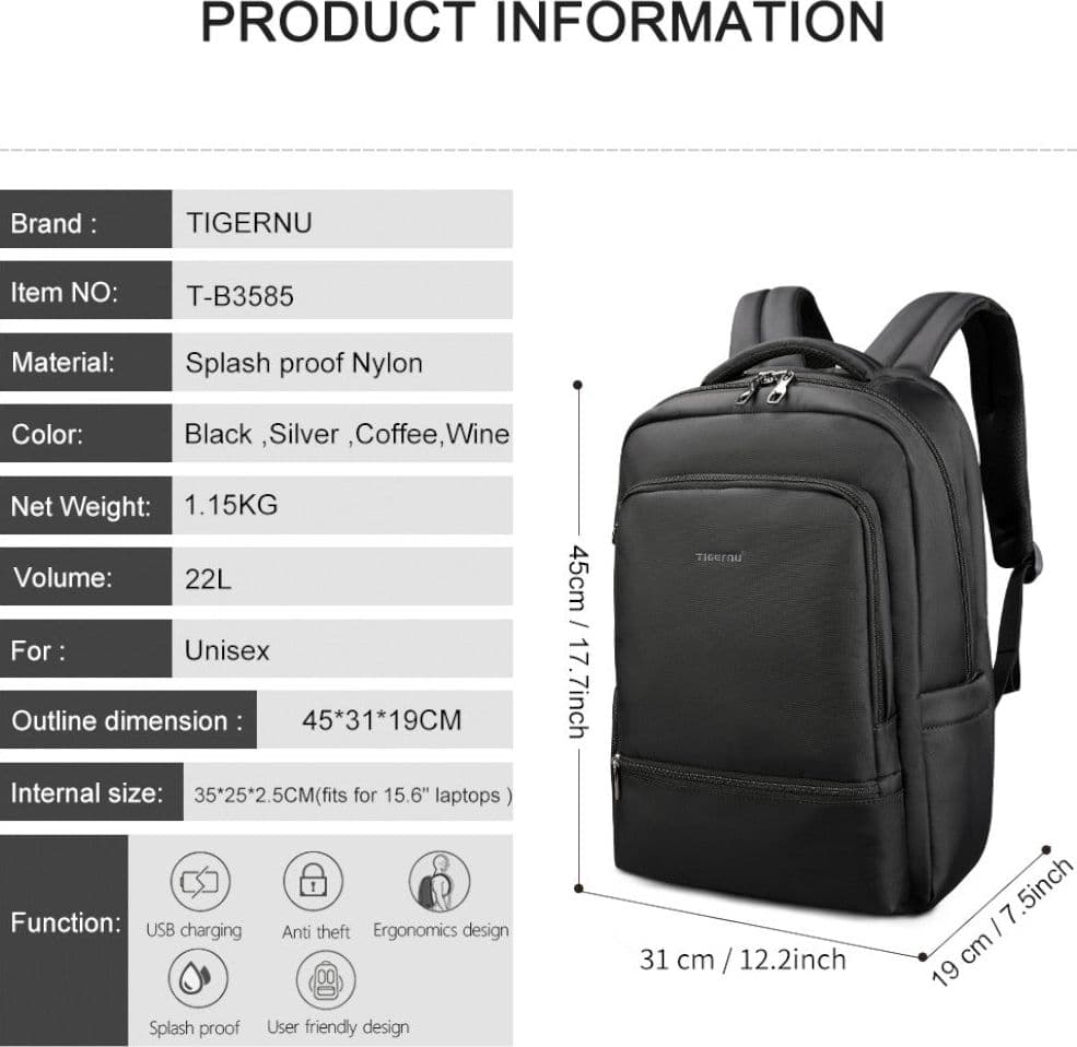 Tigernu zaino da lavoro viaggio T-B3585 nero Zaini Tigernu