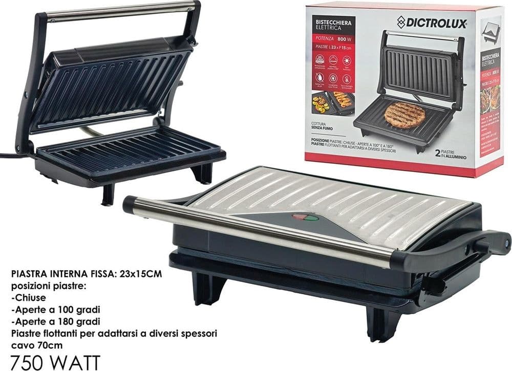 BISTECCHIERA ELETTRICA 800W ACCIAIO COTTURA SENZA FUMO OLIO 2 PIASTRE IN ALLUMINIO - 2
