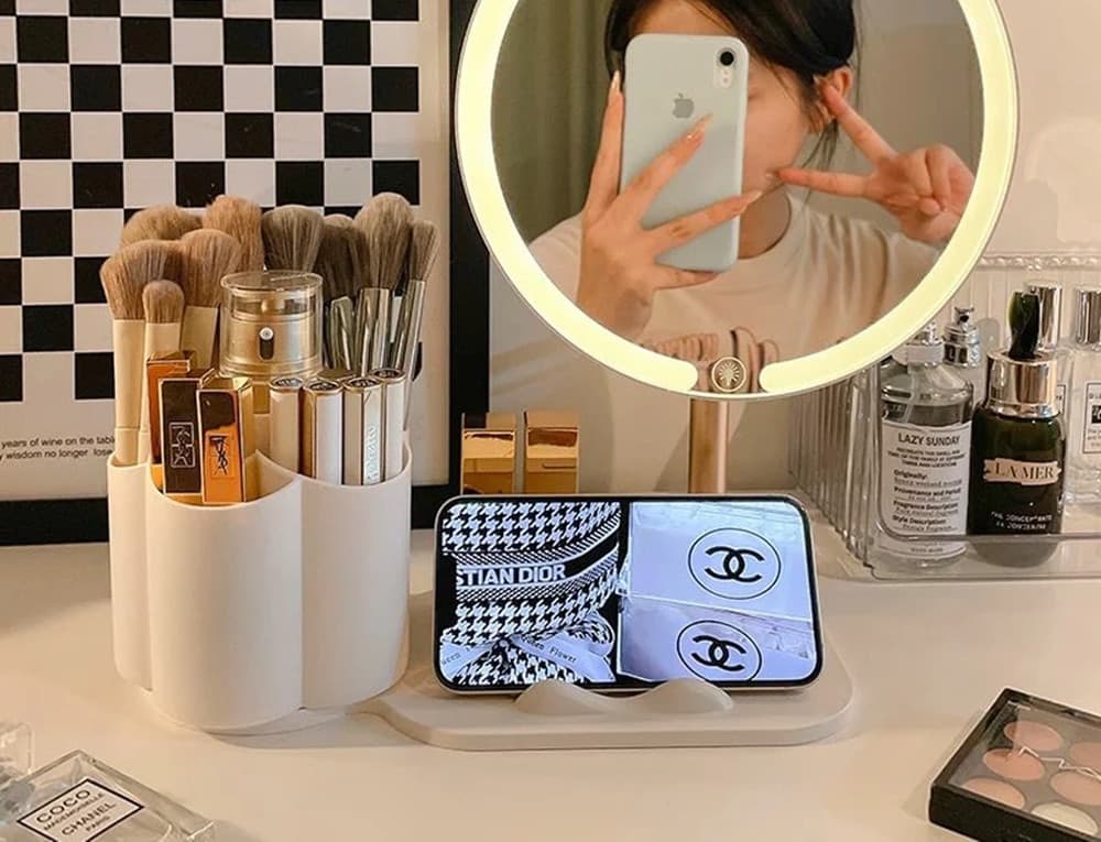 SPECCHIO TRUCCO DA TAVOLO CON LUCE LED CONTENITORE PORTAOGGETTI GIREVOLE PORTACELLULARE - 10