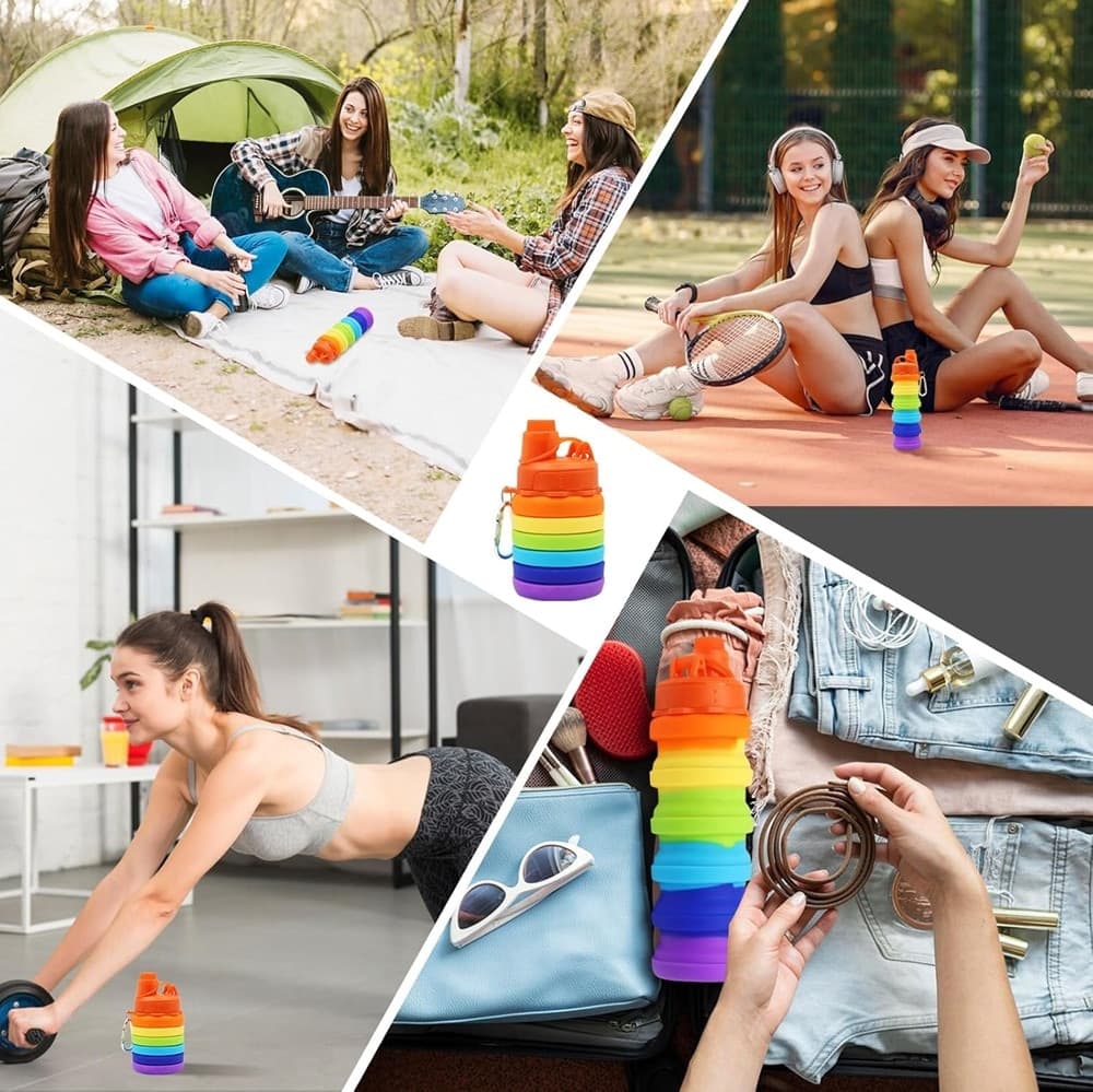 BORRACCIA PIEGHEVOLE ARCOBALENO IN SILICONE PORTATILE PER SCUOLA VIAGGI CAMPEGGIO 500ML - 11
