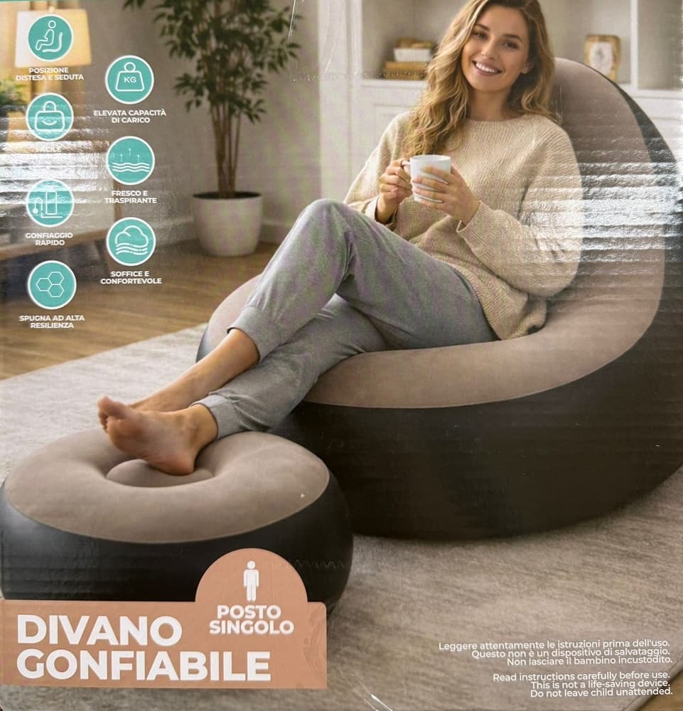 SEDIA GONFIABILE POLTRONA LOUNGE CON SGABELLO PORTATILE PVC FLOCCATO PER CAMPEGGIO - 5