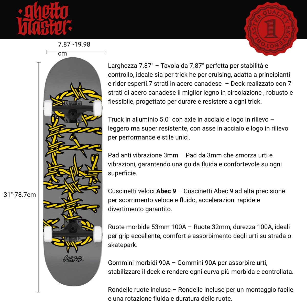 Skateboard Ghettoblaster per iniziare Barded Wire grey 7.87"