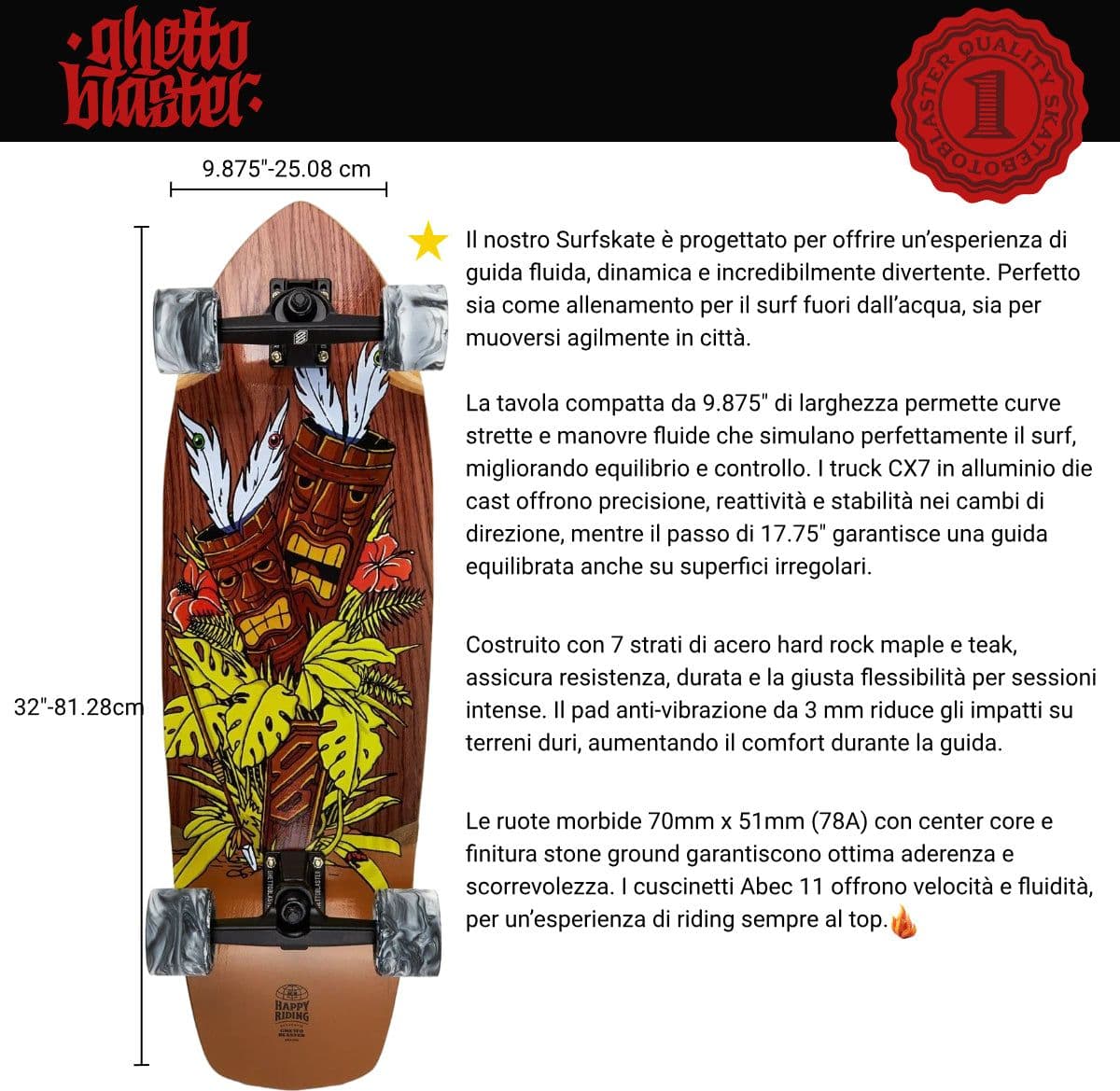 Skateboard Ghettoblaster Surfskate Tiki Token Mogano  32" 9.875" in Skateboard Glad Store - Genova, commercioVirtuoso.it