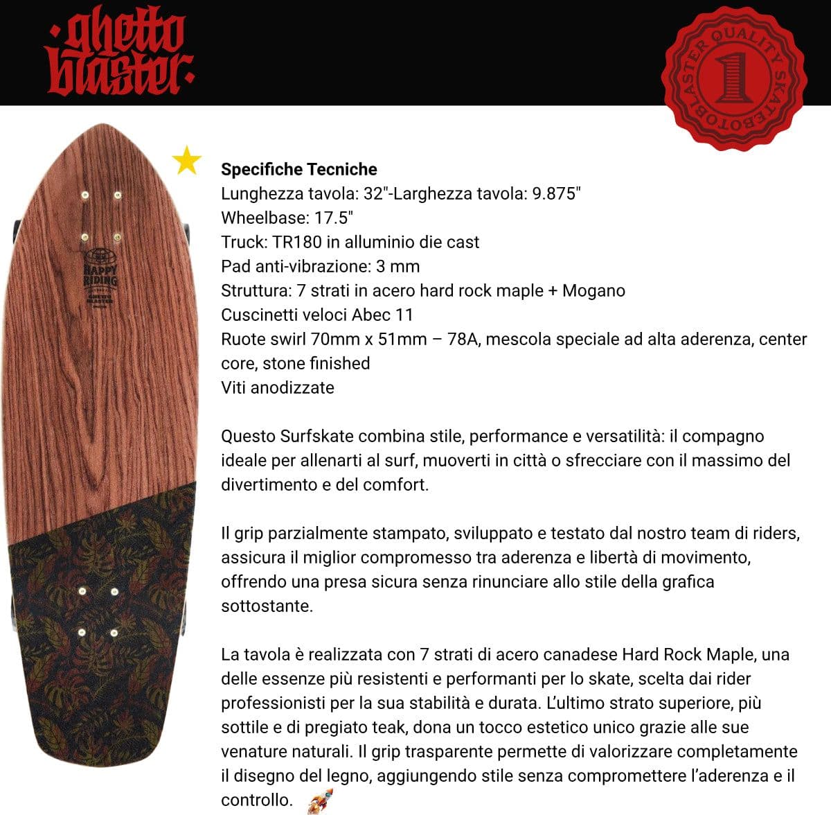 Skateboard Ghettoblaster Surfskate Tiki Token Mogano  32" 9.875" in Skateboard Glad Store - Genova, commercioVirtuoso.it
