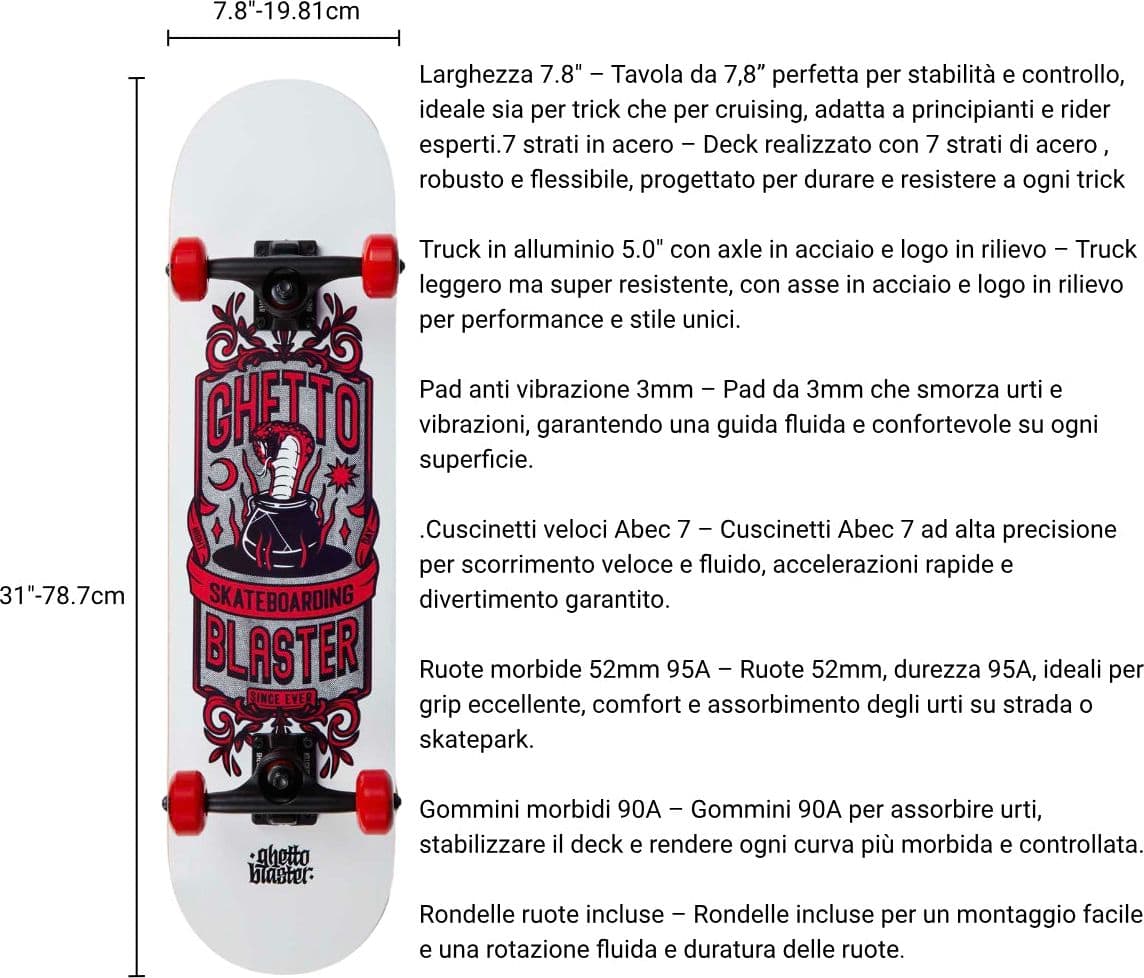 Skateboard Ghettoblaster per iniziare Kobra Red  7.80" in Skateboard Glad Store - Genova, commercioVirtuoso.it