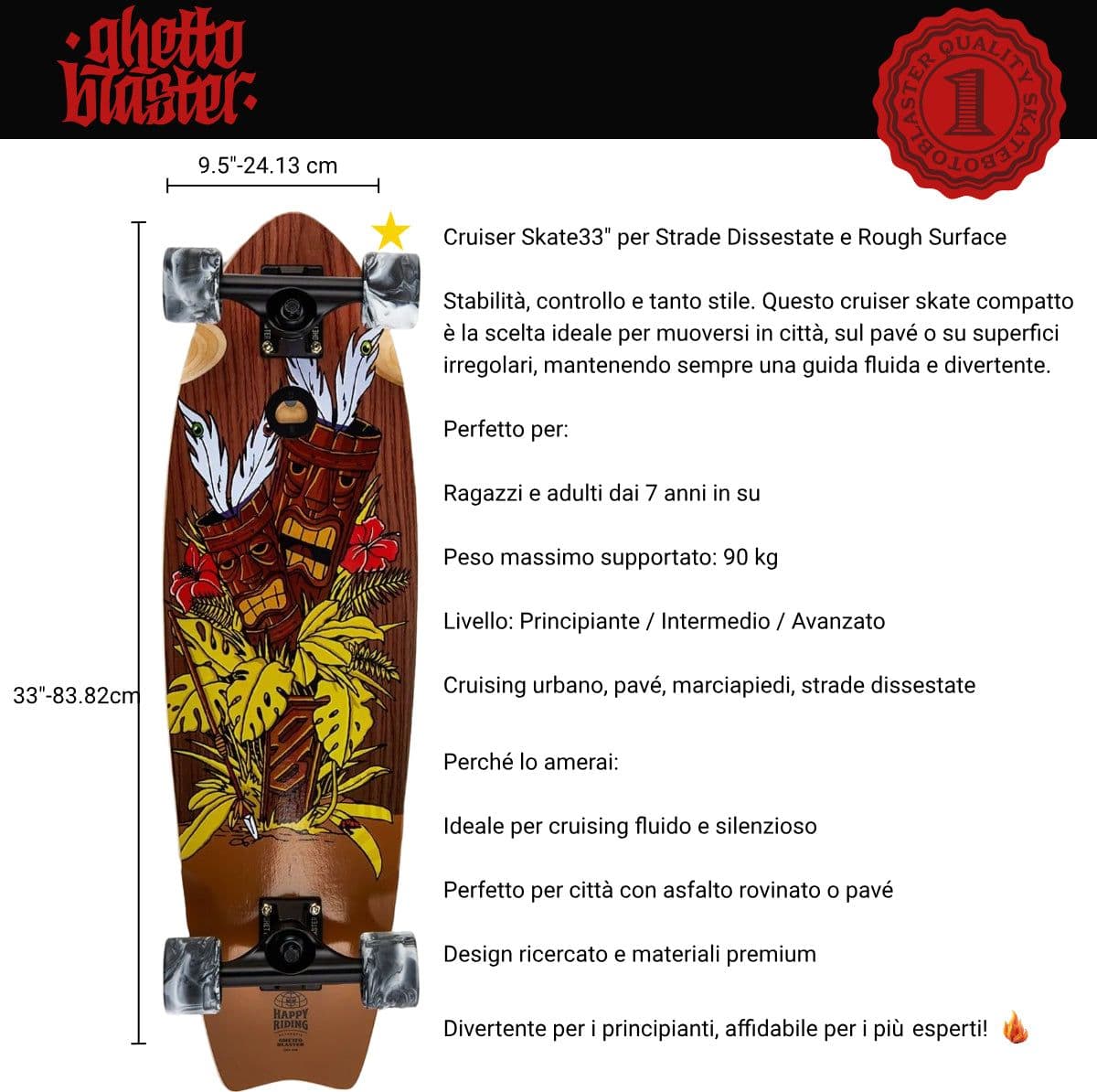 Skateboard Cruiser Ghettoblaster  Mogano Tki Totem Fish Tail  33" -9,5" in Skateboard Glad Store - Genova, commercioVirtuoso.it
