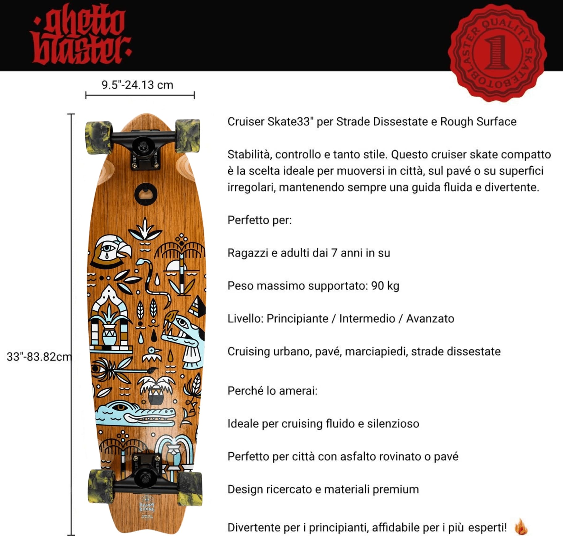 Skateboard Cruiser Ghettoblaster  Teak Geroglific  Fidh tail 33" -9,5" - 2