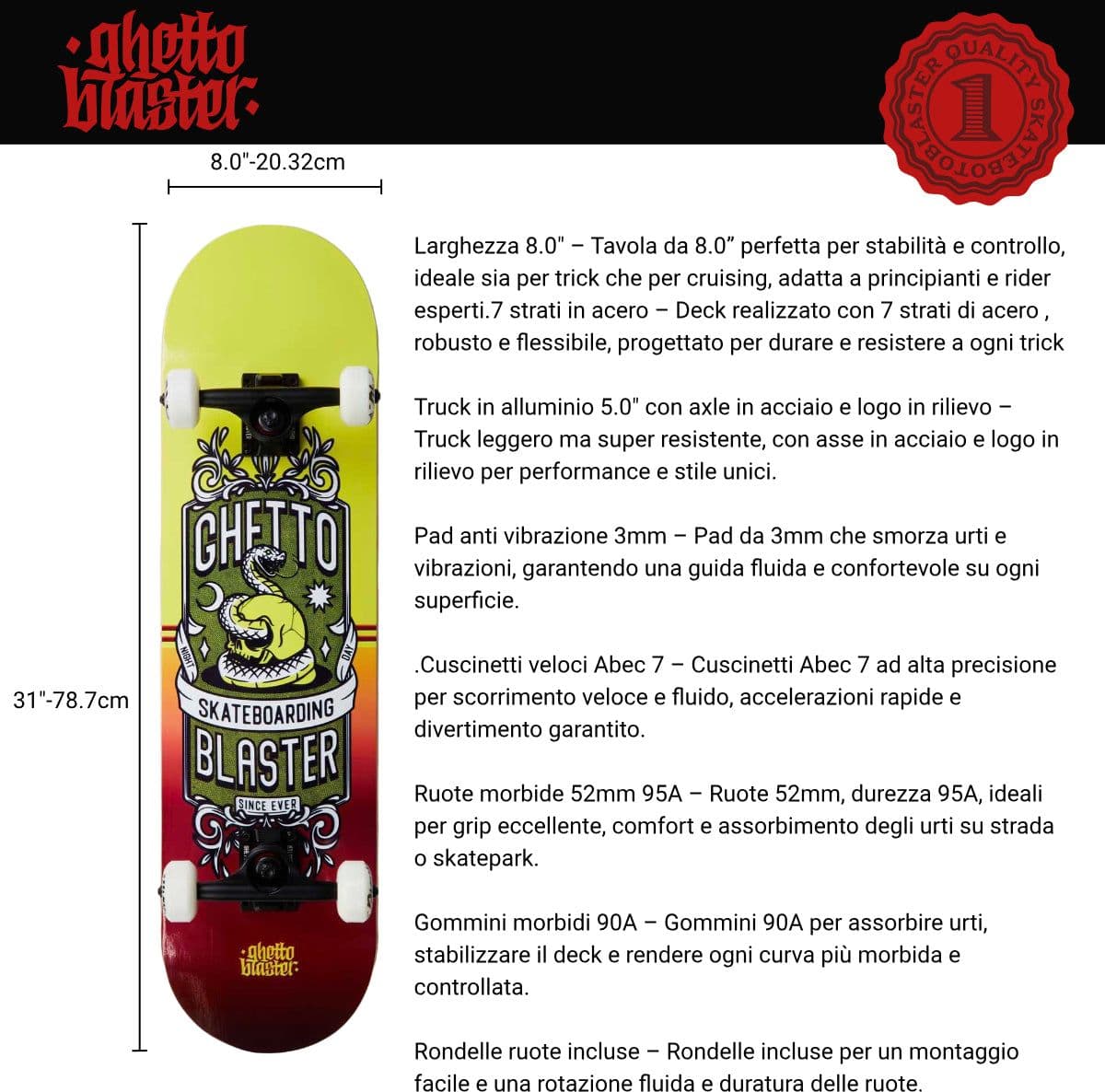 Skateboard Ghettoblaster per iniziare Skull  Red Yellow 8.0" in Skateboard Glad Store - Genova, commercioVirtuoso.it