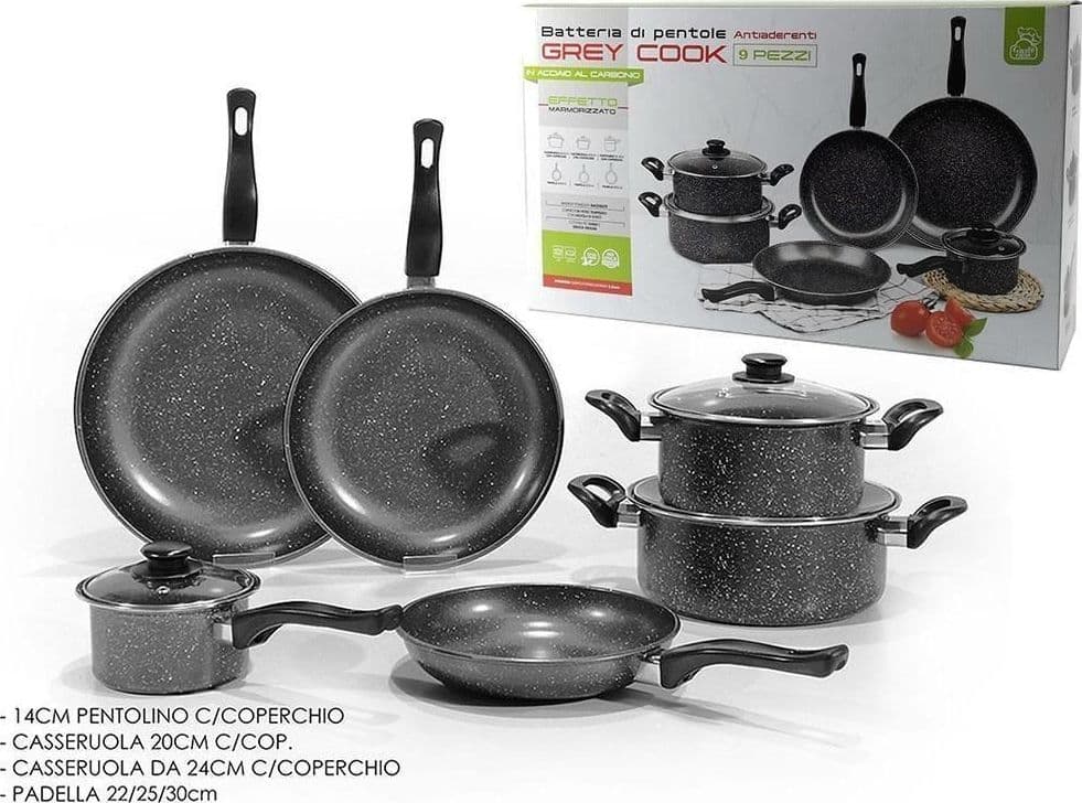 SET BATTERIA PENTOLE PADELLE 9PZ ANTIADERENTI IN ACCIAIO AL CARBONIO EFFETTO MARMORIZZATO - 2