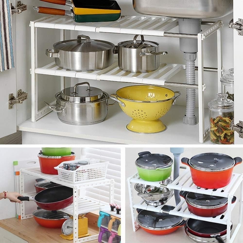 SCAFFALE STOVIGLIE ESTENSIBILE 50-70CM ORGANIZER SOTTOLAVELLO PORTAOGGETTI MENSOLA 2 PIANI - 7