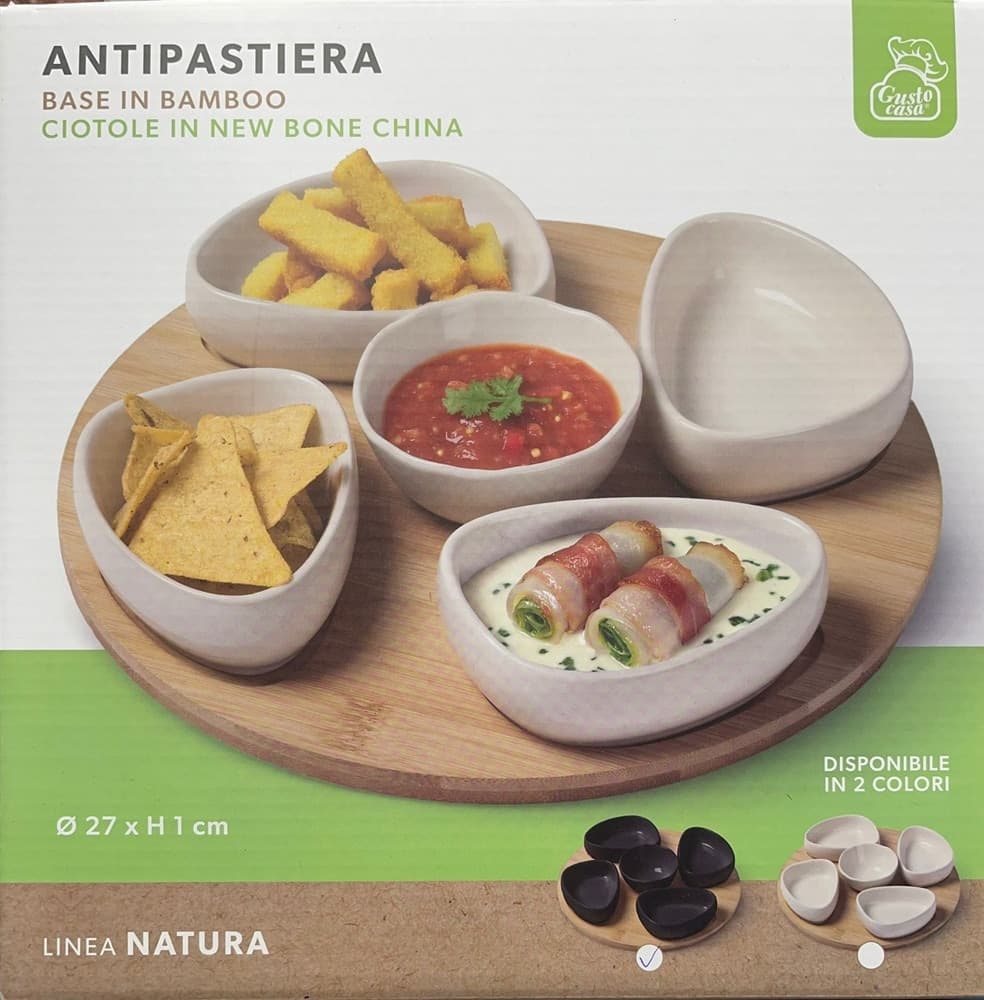 SET ANTIPASTIERA VASSOIO GIREVOLE Ø27CM IN BAMBOO CON 5 CIOTOLE DA PORTATA SNACK APERTIVI - 8