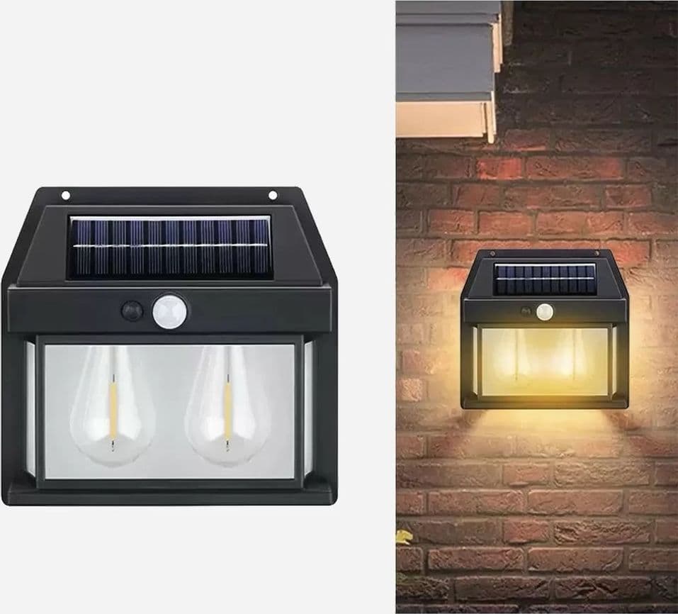 LAMPADA DA PARETE A LUCE CALDA PANNELLO SOLARE A DOPPIO LED CON SENSORE IP65 SENZA FILI - 10