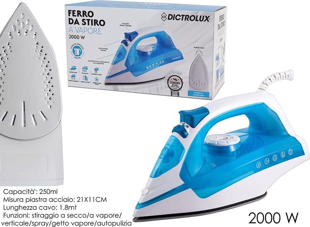 FERRO DA STIRO 2000W ELETTRICO A VAPORE PIASTRA IN ACCIAIO INOX CON UGELLO SPRAY 250ML - 2