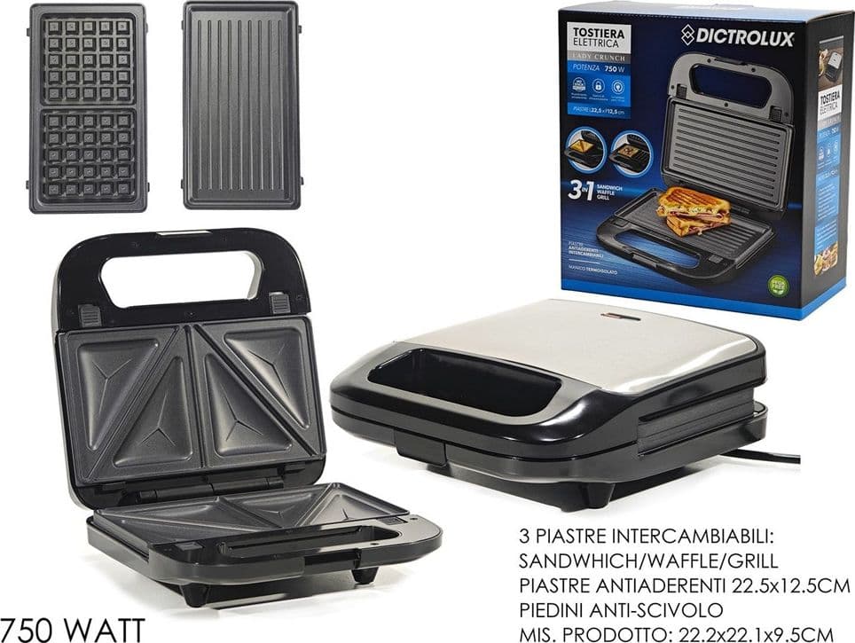 PIASTRA TOSTIERA ELETTRICA 3IN1 CON 3 PIASTRE ANTIADERENTE INTERCAMBIABILI 750W SALVASPAZIO - 6