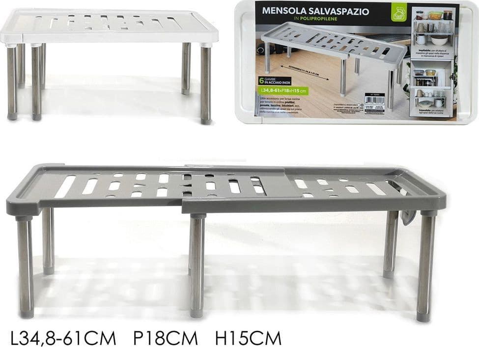 MENSOLA SALVASPAZIO IN POLIPROPILENE ESTENSIBILE 34,8-61CM IMPILABILE ACCESSORIO CUCINA - 4