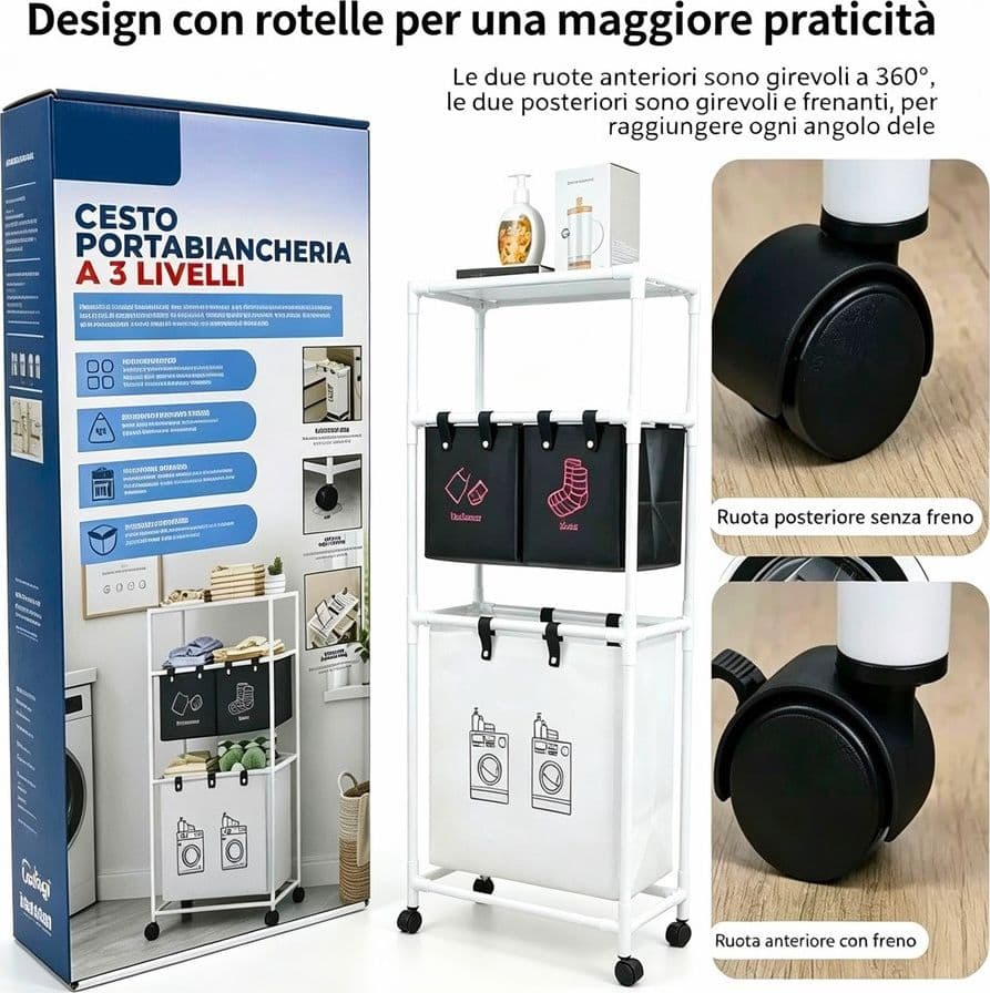 CESTO PORTABIANCHERIA ORGANIZER PER LAVANDERIA VESTITI DECORAZIONE BAGNO CON RUOTE - 10