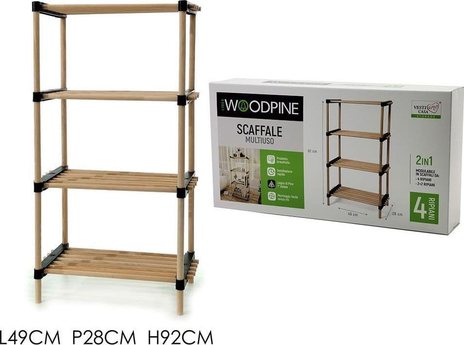 SCAFFALE MULTIUSO IN LEGNO DI PINO 2IN1 MODULARE MENSOLA CON 4 RIPIANI 92X49X28 CM - 3