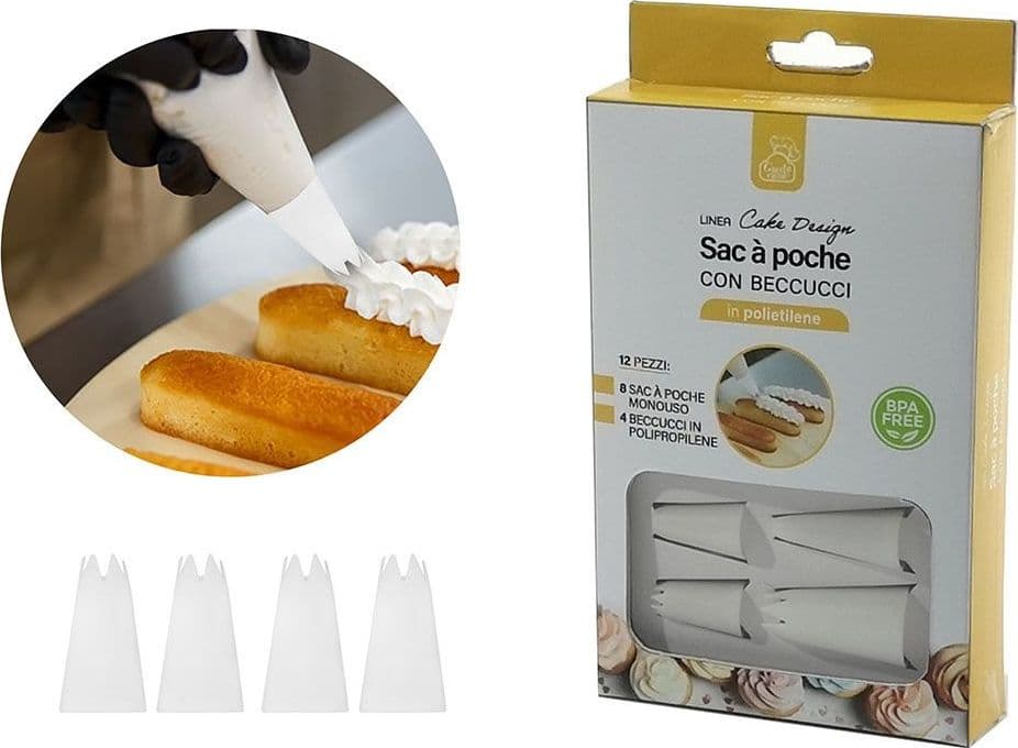 SET 12PZ SAC A POCHE MONOUSO CON 4 BECCUCCI IN POLIETILENE PER FARCIRE DECORARE DOLCI - 2