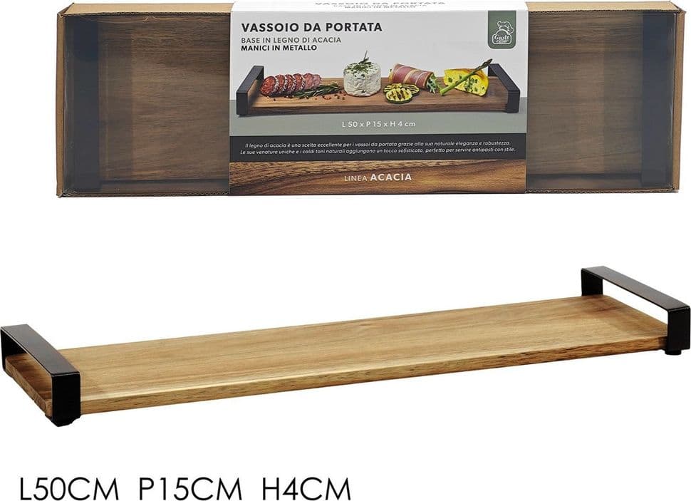 VASSOIO DA PORTATA RETTANGOLARE BASE IN LEGNO CON MANICI IN METALLO ARREDO TAVOLA CUCINA - 2