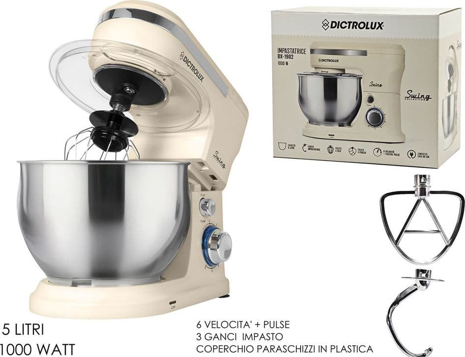 IMPASTATRICE PLANETARIA DA CUCINA 1000W 5LT CON COPERCHIO PARASCHIZZI 3 GANCI 6 VELOCITÀ - 10