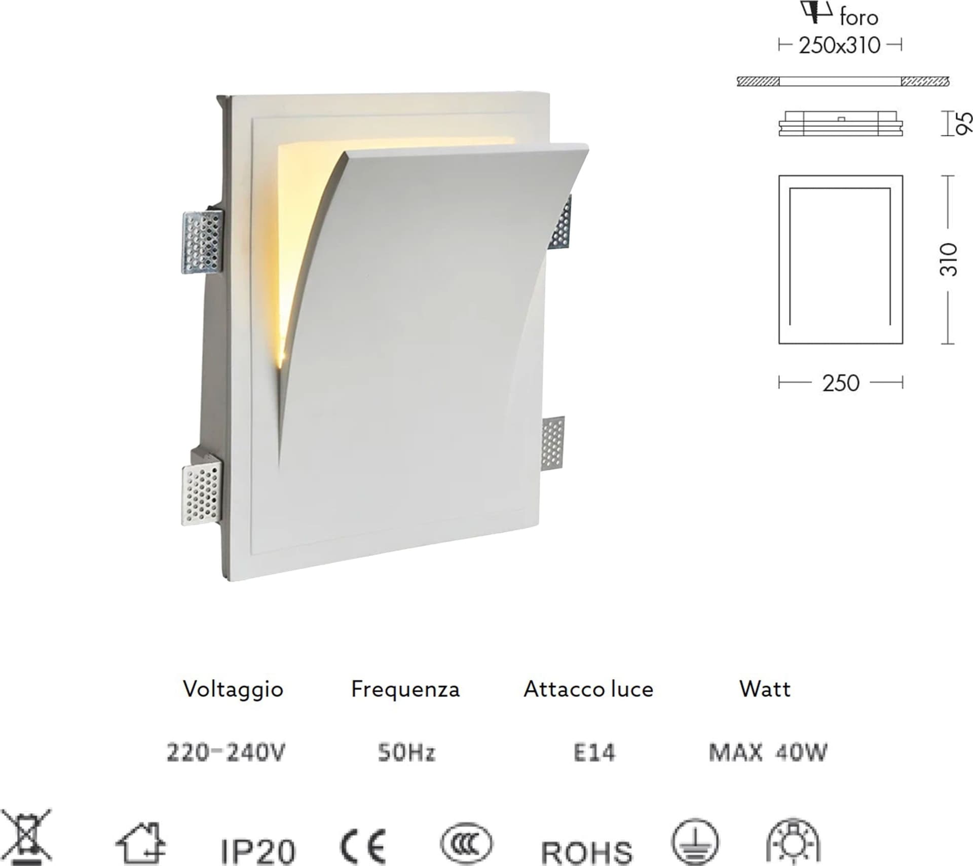*STOCK* Portafaretto In Gesso Ceramico ad incasso 250x310x95mm 40W GU10 IP20 - Eternal Parquet