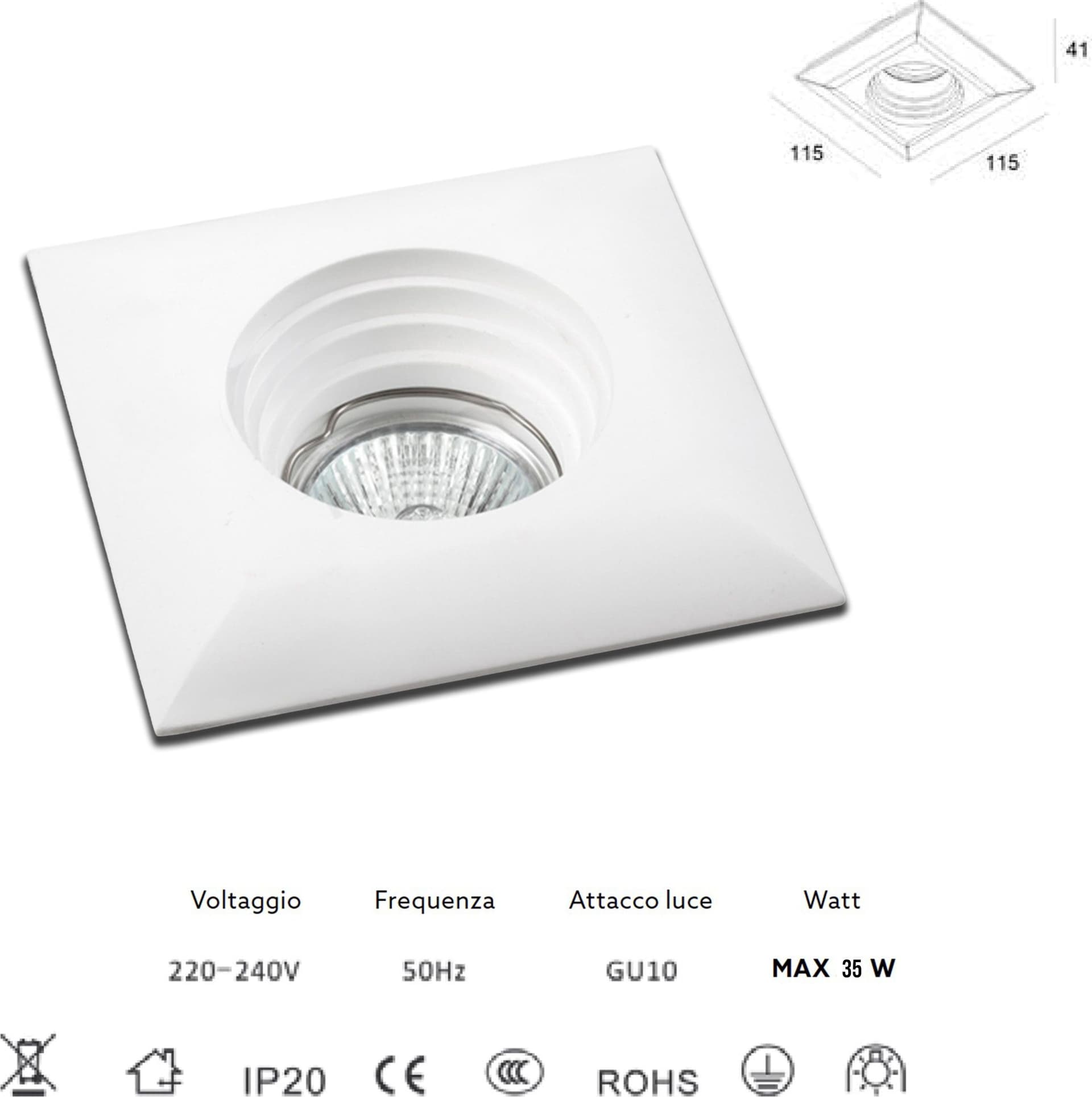 *STOCK* 10 Portafaretti In Gesso Ceramico ad incasso 115x115x41mm foro tondo 35W GU10 IP20 - Eternal Parquet