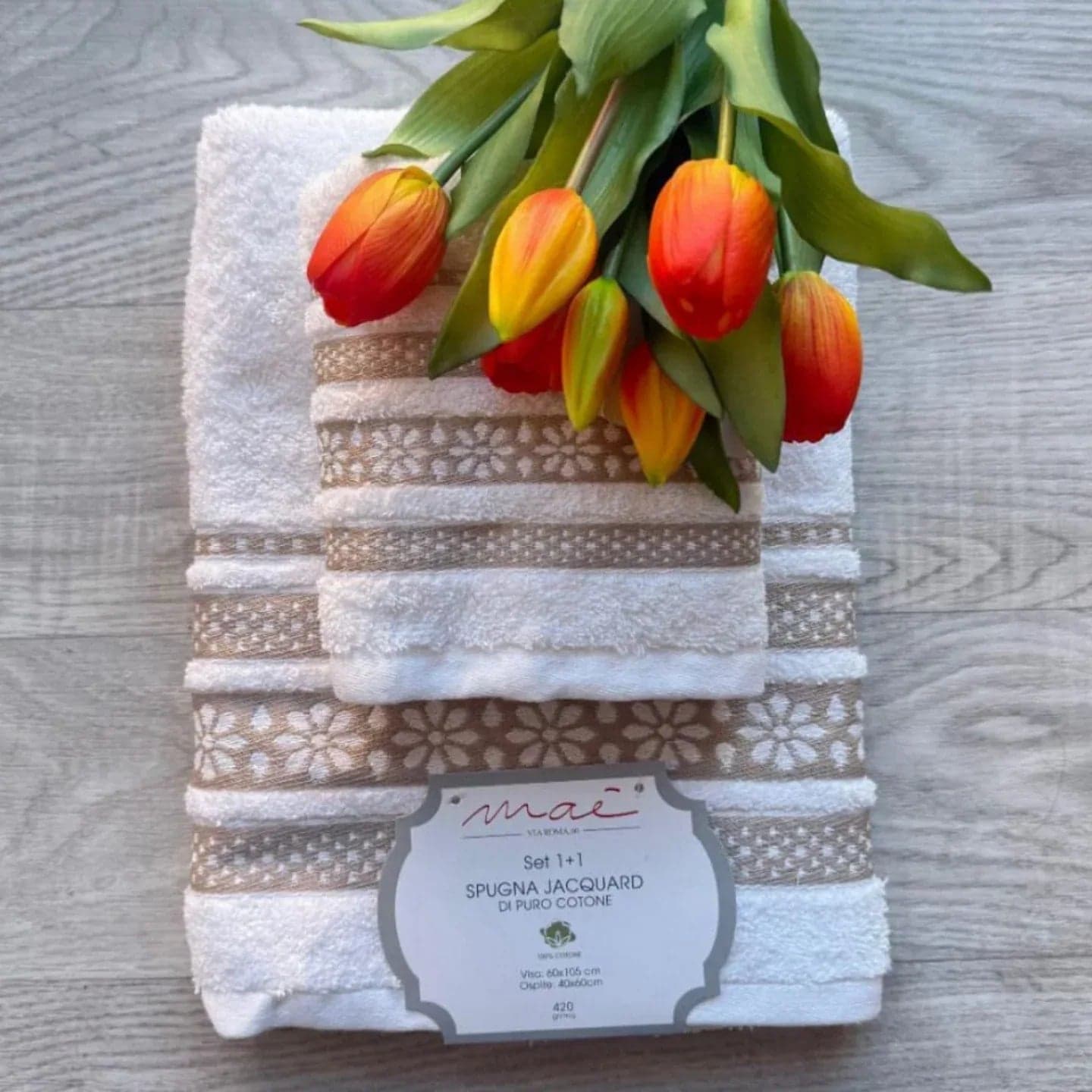Set Asciugamani 1+1 Via Roma 60 Lino – Spugna di Cotone Jacquard 420 gr/m² - 20