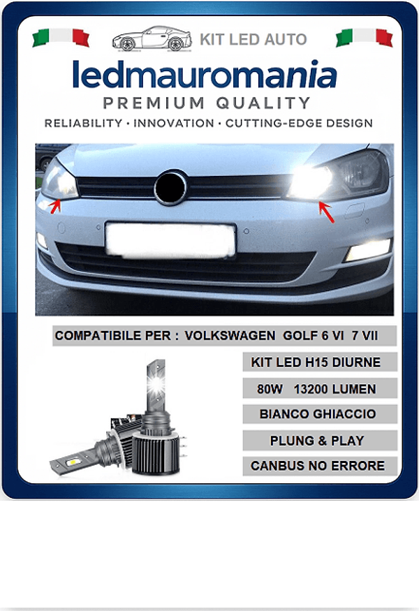 KIT LED H15 VOLKSWAGEN GOLF 6 IV LUCI DIURNE DRL+ ABBAGLIANTI BIANCO GHIACCIO CANBUS 90W 15000LUMEN 360° NO ERROR - 9