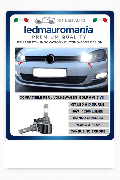 KIT LED H15 VOLKSWAGEN GOLF 6 IV LUCI DIURNE DRL+ ABBAGLIANTI BIANCO GHIACCIO CANBUS 90W 15000LUMEN 360° NO ERROR - 9