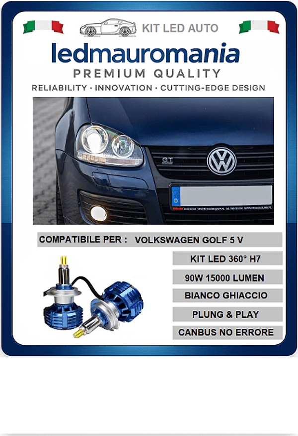 KIT LED PER VOLKSWAGEN GOLF 5 BIANCO GHIACCIO 360° 90W 15000LUMEN CANBUS NO ERRORE - 6
