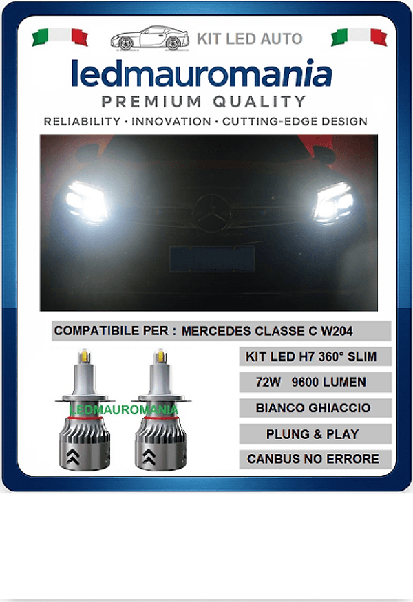 KIT LED MERCEDES CLASSE C W204 H7 FARI LENTICOLARI 360° 72W BIANCO 6000K CANBUS +PORTALAMPADE 04 SPECIFICO