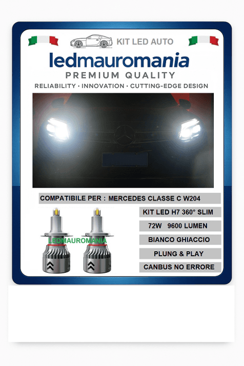 KIT LED MERCEDES CLASSE C W204 H7 FARI LENTICOLARI 360° 72W BIANCO 6000K CANBUS +PORTALAMPADE 04 SPECIFICO - 6