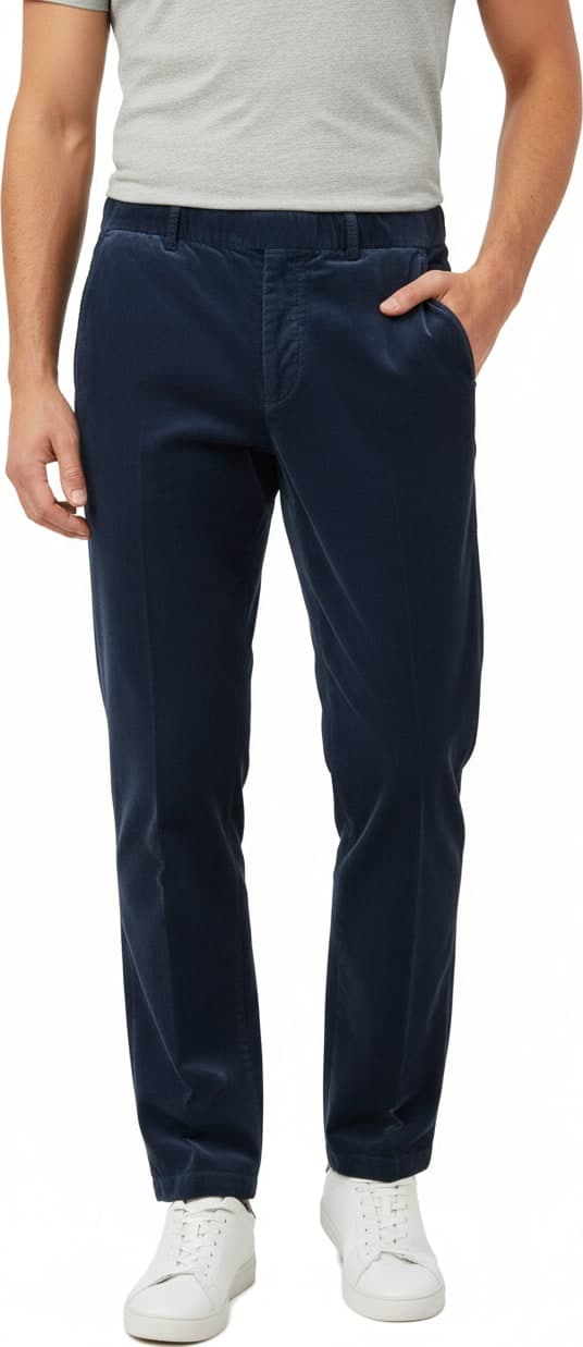 Pantaloni in velluto blu indossati da modello