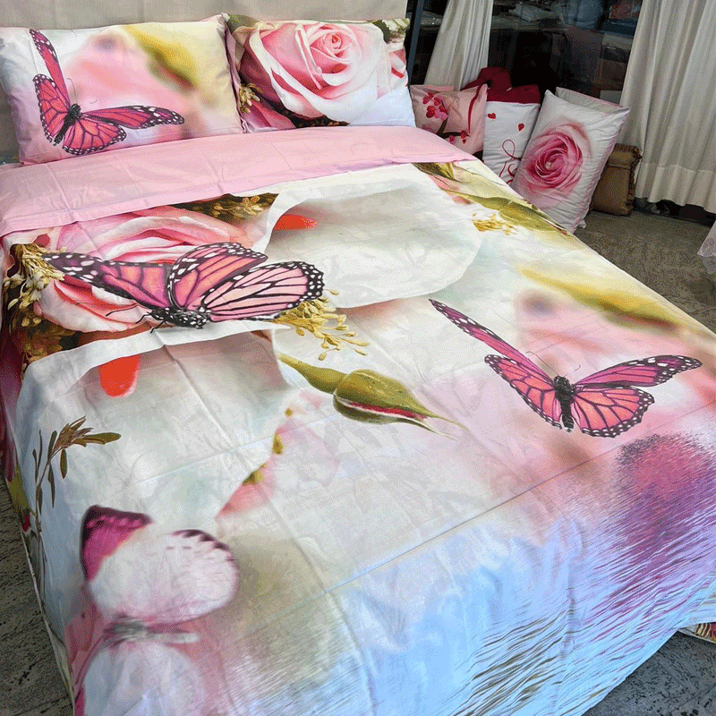 Completo Lenzuola Copriletto Matrimoniale Botticelli Home in Stampa Digitale 4D Butterfly - 4